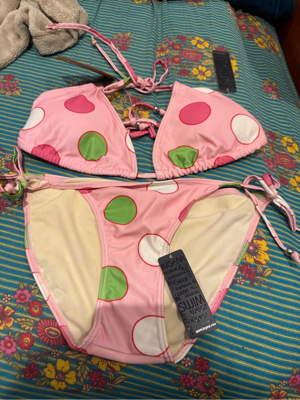 Ingear Pink Polka Dot Triangle Bikini with Green and White Dots